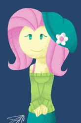 Size: 316x483 | Tagged: safe, artist:imtailsthefoxfan, fluttershy, equestria girls, g4, blue background, clothes, female, hat, simple background, smiling, solo