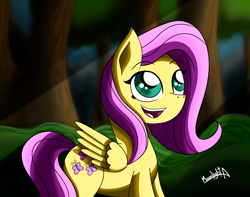 Size: 3300x2600 | Tagged: safe, artist:moonlightatlm, fluttershy, pegasus, pony, g4, female, forest, high res, mare, open mouth, open smile, signature, smiling, solo