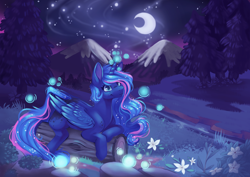 Size: 4096x2896 | Tagged: safe, artist:cutepencilcase, princess luna, alicorn, pony, g4, crescent moon, female, flower, freckles, log, mare, moon, mountain, night, scenery, smiling, solo