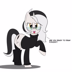 Size: 3000x3000 | Tagged: safe, artist:bestponies, oc, oc only, oc:diamond horseshoe, pony, unicorn, clothes, cute, dialogue, eyelashes, female, glasses, high res, horn, looking at you, mare, open mouth, open smile, simple background, smiling, socks, solo, sweater, yellow eyes