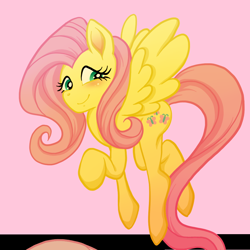 Size: 900x900 | Tagged: safe, artist:zat, fluttershy, pegasus, pony, g4, female, flying, looking at you, mare, raised hoof, smiling, smiling at you, solo, spread wings, wings