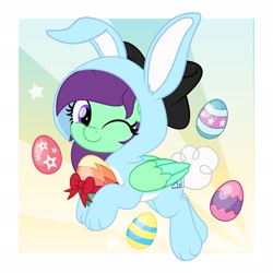 Size: 2048x2048 | Tagged: safe, artist:jhayarr23, oc, oc only, oc:greenfeather, pegasus, pony, animal costume, bow, bunny costume, clothes, costume, easter, easter egg, female, hair bow, high res, holiday, mare, one eye closed, wink
