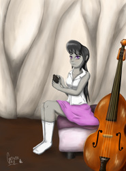 Size: 1676x2265 | Tagged: safe, artist:gexen-n8, octavia melody, equestria girls, g4, cello, cellphone, clothes, female, missing shoes, musical instrument, phone, socks, solo, stocking feet, white socks