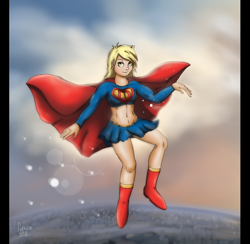 Size: 2500x2444 | Tagged: safe, artist:gexen-n8, derpy hooves, human, g4, abs, breasts, busty derpy hooves, crossover, epic derpy, female, flying, high res, humanized, midriff, solo, supergirl, superhero