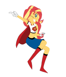 Size: 4161x4834 | Tagged: safe, artist:renthegodofhumor, sunset shimmer, equestria girls, g4, cape, clothes, costume, crossover, female, midriff, one eye closed, simple background, skirt, solo, supergirl, superhero, transparent background, wink