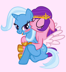 Size: 1280x1390 | Tagged: safe, artist:detailedatream1991, pipp petals, trixie, pegasus, pony, unicorn, g5, biting tongue, cuddling, eyes closed, female, lesbian, ship:pippxie, shipping, smiling, spread wings, tongue out, wings