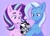 Size: 1024x732 | Tagged: safe, artist:lilcheckerpone, starlight glimmer, trixie, oc, oc:checkerboard, pony, unicorn, g4, adopted offspring, female, glasses, lesbian, mare, ship:startrix, shipping, signature, simple background, smiling