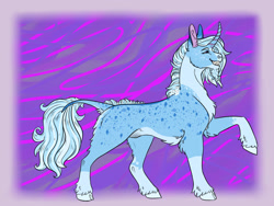 Size: 1280x960 | Tagged: safe, artist:kitschykricket, trixie, classical unicorn, pony, unicorn, g4, abstract background, cloven hooves, curved horn, female, horn, leonine tail, male to female, mare, nudity, sheath, solo, trans female, trans trixie, transgender, unshorn fetlocks
