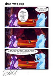 Size: 1024x1459 | Tagged: safe, artist:stormythetrooper, starlight glimmer, trixie, pony, unicorn, comic:hold your fire, g4, butt, comic, duo, duo female, female, mare, open mouth, plot, speech bubble