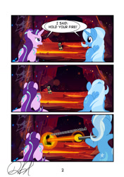 Size: 1024x1456 | Tagged: safe, artist:stormythetrooper, starlight glimmer, trixie, pony, unicorn, comic:hold your fire, g4, angry, bipedal, butt, comic, duo, duo female, female, laser, mare, open mouth, plot, speech bubble, weapon