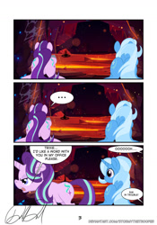 Size: 1024x1460 | Tagged: safe, artist:stormythetrooper, starlight glimmer, trixie, pony, unicorn, comic:hold your fire, g4, ..., butt, comic, duo, duo female, female, mare, open mouth, plot, speech bubble, starlight glimmer is not amused, unamused
