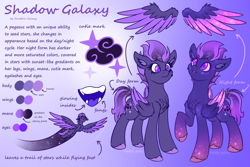 Size: 4500x3000 | Tagged: safe, artist:shad0w-galaxy, oc, oc only, oc:shadow galaxy, pegasus, pony, alternate design, chest fluff, colored wings, cute, ear fluff, ethereal mane, fangs, female, flight trail, floating wings, flying, folded wings, gradient background, gradient hooves, gradient mane, gradient tail, gradient wings, high res, hooves, mare, multeity, multicolored hair, open mouth, purple eyes, raised hoof, reference sheet, smiling, solo, speed trail, spread wings, starry eyes, starry mane, starry wings, tail, text, unshorn fetlocks, wingding eyes, wings
