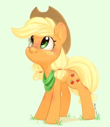 Size: 786x910 | Tagged: safe, artist:melodylibris, applejack, earth pony, pony, g4, applejack's hat, bandana, blushing, cowboy hat, cute, female, freckles, green background, hat, jackabetes, looking up, mare, pigtails, simple background, smiling, solo, standing, three quarter view