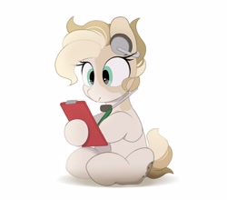 Size: 2500x2200 | Tagged: safe, artist:mochi_nation, oc, oc only, oc:melt cookie, earth pony, pony, clipboard, dexterous hooves, earpiece, female, high res, hoof hold, magnetic hooves, mare, simple background, sitting, solo, white background