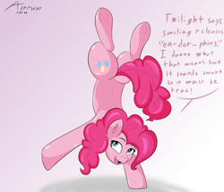 Size: 2500x2150 | Tagged: safe, artist:astrum, pinkie pie, earth pony, pony, g4, balancing, butt, dialogue, digital art, handstand, happy, high res, looking up, open mouth, open smile, plot, raised hoof, smiling, upside down