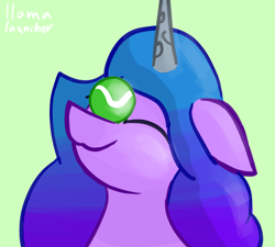 Size: 2400x2160 | Tagged: safe, artist:llamalauncher, izzy moonbow, pony, unicorn, g5, ball, eyes closed, female, green background, izzy's tennis ball, simple background, solo, tennis ball