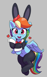 Size: 735x1204 | Tagged: safe, artist:pabbley, rainbow dash, pegasus, pony, adorasexy, aggie.io, bow, bunny ears, bunny suit, clothes, cute, dashabetes, female, flying, gray background, heart, looking at you, mare, open mouth, reverse bunny suit, sexy, simple background, smiling, socks, spread wings, stockings, stupid sexy rainbow dash, thigh highs, wings