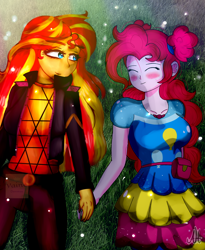 Size: 1974x2412 | Tagged: safe, artist:vaineart, pinkie pie, sunset shimmer, equestria girls, equestria girls series, g4, sunset's backstage pass!, spoiler:eqg series (season 2), blushing, duo, female, grass, holding hands, lesbian, lying down, on back, ship:sunsetpie, shipping