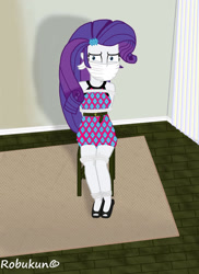 Size: 1024x1409 | Tagged: safe, artist:robukun, rarity, equestria girls, g4, bondage, bound and gagged, cloth gag, clothes, dress, gag, over the nose gag, sad, scared, solo, tied to chair, tied up, worried