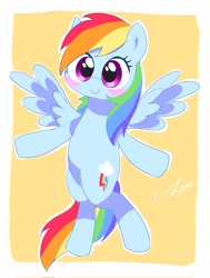 Size: 1552x2048 | Tagged: safe, artist:leo19969525, rainbow dash, pegasus, pony, bipedal, blush sticker, blushing, cute, dashabetes, female, looking at you, mare, open arms, simple background, smiling, solo, spread wings, wings