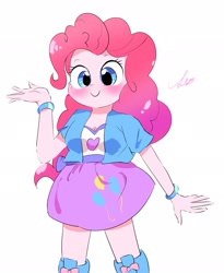 Size: 1679x2048 | Tagged: safe, artist:leo19969525, pinkie pie, equestria girls, g4, blushing, boots, breasts, cleavage, clothes, cute, diapinkes, female, looking at you, shoes, simple background, skirt, smiling, solo, standing, white background, wristband