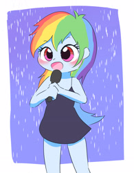 Size: 2697x3455 | Tagged: safe, artist:leo19969525, rainbow dash, equestria girls, bare shoulders, black dress, blushing, clothes, commission, commissioner:ajnrules, cute, dashabetes, dress, eyebrows, eyebrows visible through hair, female, little black dress, microphone, open mouth, rain, rainbow dash always dresses in style, simple background, singing, singing in the rain, sleeveless, solo, standing