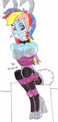 Size: 1457x3047 | Tagged: safe, artist:godzilla713, rainbow dash, human, equestria girls, g4, bondage, bound and gagged, bunny ears, bunny suit, cleave gag, cloth gag, clothes, female, gag, high heels, rope, rope bondage, ropes, shoes, solo, tied up, traditional art