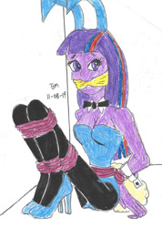 Size: 1065x1500 | Tagged: safe, artist:godzilla713, twilight sparkle, human, equestria girls, g4, ass, bondage, bound and gagged, breasts, bunny ears, bunny suit, butt, cleavage, cloth gag, clothes, dress, female, gag, high heels, scared, shoes, solo, tied up, traditional art