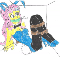 Size: 1680x1576 | Tagged: safe, artist:godzilla713, fluttershy, human, equestria girls, g4, bondage, bound and gagged, breasts, bunny ears, bunny suit, cleavage, cloth gag, clothes, crate, female, flutterbunny, gag, high heels, shoes, solo, tied up, traditional art