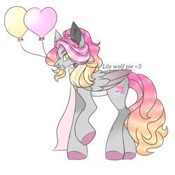 Size: 1280x1280 | Tagged: safe, artist:lilywolfpie, oc, oc:wind cyclone, pegasus, pony, balloon, female, heart balloon, mare, simple background, solo, transparent background
