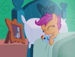 Size: 953x720 | Tagged: safe, artist:mlplary6, rainbow dash, scootaloo, pegasus, pony, g4, ^^, bed, cute, cutealoo, doll, eyes closed, female, filly, foal, photography, plushie, rainbow dash plushie, scootalove, sleeping, smiling, toy