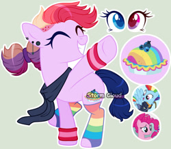 Size: 1024x891 | Tagged: safe, artist:mint-light, artist:stormcloud-yt, pinkie pie, rainbow dash, oc, earth pony, pegasus, pony, g4, base used, clothes, ear piercing, female, grin, magical lesbian spawn, mare, offspring, parent:pinkie pie, parent:rainbow dash, parents:pinkiedash, pegasus oc, piercing, rainbow socks, screencap reference, simple background, smiling, socks, striped socks, underhoof