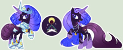 Size: 1024x418 | Tagged: safe, artist:stormcloud-yt, oc, oc only, alicorn, pony, alicorn oc, base used, concave belly, duo, ethereal mane, eyelashes, horn, jewelry, magical lesbian spawn, necklace, offspring, parent:princess luna, parent:twilight sparkle, parents:twiluna, raised hoof, simple background, slender, starry mane, thin, wings