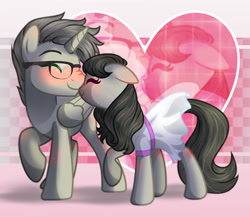 Size: 1650x1431 | Tagged: safe, artist:stormcloud-yt, octavia melody, oc, alicorn, earth pony, pony, g4, alicorn oc, base used, blushing, canon x oc, clothes, dress, female, glasses, horn, male, mare, raised hoof, simple background, size difference, stallion, wings