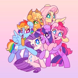 Size: 4000x4000 | Tagged: safe, artist:cocopudu, applejack, fluttershy, pinkie pie, rainbow dash, rarity, twilight sparkle, alicorn, earth pony, pegasus, pony, unicorn, g4, absurd resolution, eye clipping through hair, eyebrows, eyebrows visible through hair, female, gradient background, group, group hug, hug, looking at you, mane six, mare, one eye closed, open mouth, open smile, sextet, signature, smiling, smiling at you, spread wings, twilight sparkle (alicorn), white pupils, wings, wink, winking at you