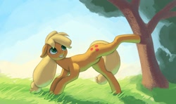 Size: 1958x1160 | Tagged: safe, artist:escapist, applejack, earth pony, pony, g4, applebucking, floppy ears, hatless, missing accessory, solo