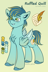 Size: 2000x3000 | Tagged: safe, artist:shad0w-galaxy, oc, oc only, oc:ruffled quill, pegasus, pony, chest fluff, colored wings, cute, ear fluff, freckles, glasses, gradient background, gradient hooves, gradient mane, gradient tail, gradient wings, green eyes, high res, male, multicolored hair, multicolored wings, reference sheet, simple background, smiling, solo, stallion, tail, text, unshorn fetlocks, wings