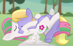 Size: 1920x1226 | Tagged: safe, artist:ciudadmagica, artist:grapefruit-face, edit, blossomforth, cloud kicker, pony, g4, base used, duo, eyes closed, female, lesbian, outdoors, ship:cloudforth, shipping, show accurate, sleeping