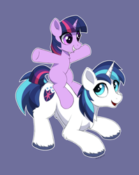 Size: 1599x2005 | Tagged: safe, artist:mercurysparkle, shining armor, twilight sparkle, pony, unicorn, g4, bbbff, blank flank, brother and sister, colt, colt shining armor, cute, female, filly, filly twilight sparkle, foal, male, ponies riding ponies, raised hoof, riding, shining adorable, siblings, simple background, smiling, stallion, twiabetes, twilight riding shining armor, unicorn twilight, unshorn fetlocks, younger
