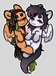 Size: 1713x2321 | Tagged: safe, artist:spoopygander, oc, oc only, oc:acid drop, oc:sugar leaves, pegasus, pony, :3, bandaid, bandaid on nose, blushing, charm, chest fluff, cute, dreadlocks, duo, duo female, ear piercing, eye clipping through hair, eyebrow piercing, eyebrows, eyebrows visible through hair, eyelashes, eyes closed, feathered wings, female, floating heart, gray background, heart, jewelry, lesbian, lip piercing, mare, necklace, partially open wings, piercing, simple background, smiling, wings