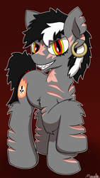 Size: 2160x3840 | Tagged: safe, artist:monycaalot, oc, oc only, oc:diablo alias cartaphilus, demon, earth pony, pony, abstract background, ear piercing, earring, earth pony oc, full body, high res, jewelry, looking at you, male, piercing, scar, smiling, smiling at you, solo