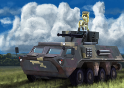 Size: 1280x905 | Tagged: safe, artist:dr-fade, oc, oc only, oc:ukraine, earth pony, pony, current events, military, nation ponies, sky, solo, ukraine, vehicle