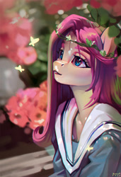 Size: 2845x4161 | Tagged: safe, artist:annna markarova, fluttershy, butterfly, anthro, g4, beautiful, bust, chromatic aberration, clothes, female, floral head wreath, flower, high res, looking at something, looking up, outdoors, portrait, sailor uniform, school uniform, solo, stray strand, three quarter view, uniform, vertical