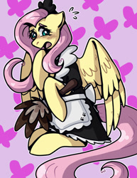 Size: 1024x1326 | Tagged: safe, artist:the-viscount-of-art, fluttershy, pegasus, pony, g4, clothes, duster, emanata, female, fluttermaid, hoof hold, maid, mare, open mouth, sitting, solo