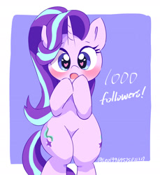 Size: 2176x2379 | Tagged: safe, artist:leo19969525, starlight glimmer, pony, unicorn, g4, 1000 followers, bipedal, blushing, both cutie marks, cute, featureless crotch, female, followers, glimmerbetes, heart, heart eyes, high res, hoof over mouth, looking at you, mare, open mouth, signature, simple background, solo, text, thighs, wingding eyes