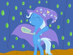 Size: 1024x765 | Tagged: safe, artist:mlpfan1993, trixie, pony, unicorn, boast busters, g4, ^^, bipedal, cape, clothes, eyes closed, female, hat, mare, smiling, solo, stage, trixie's cape, trixie's hat
