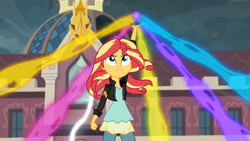 Size: 3410x1920 | Tagged: safe, screencap, sunset shimmer, equestria girls, g4, my little pony equestria girls: friendship games, canterlot high, clothes, female, high res, jacket, leather, leather jacket, magic capture device, solo