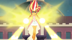 Size: 3410x1920 | Tagged: safe, screencap, sunset shimmer, equestria girls, g4, my little pony equestria girls: friendship games, bare shoulders, canterlot high, daydream shimmer, female, high res, sleeveless, solo, strapless