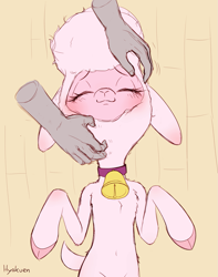 Size: 1243x1576 | Tagged: safe, artist:hyakuen, pom (tfh), human, lamb, sheep, them's fightin' herds, adorapom, belly button, blushing, chest fluff, cloven hooves, community related, cute, disembodied hand, ear blush, eyes closed, fluffy, hand, lying down, on back, petting, relaxed, scratches, simple background, smiling, when she smiles