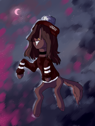 Size: 3027x4000 | Tagged: safe, artist:chukcha, oc, oc only, dog, dog pony, bandaid, bandaid on nose, choker, clothes, crescent moon, grin, hair over eyes, hat, moon, shirt, smiling, solo, tail
